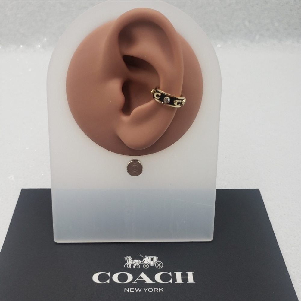 Coach Signature Ear Cuff Black Enamel Crystal Gold-tone